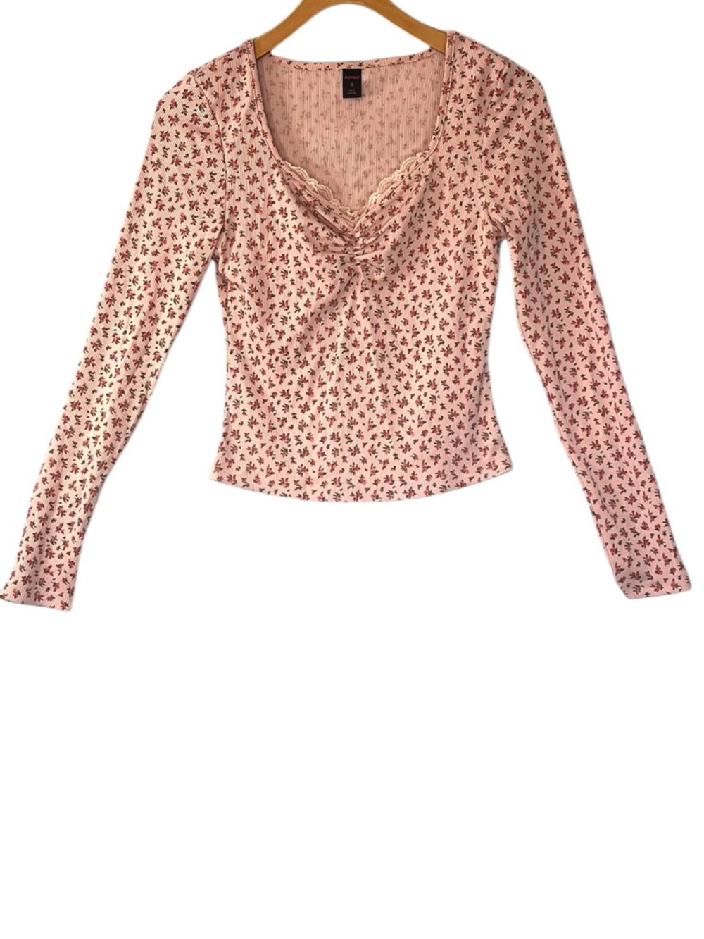 ROMWE Ditzy Floral Lace-Trim Long Sleeve Top Size S US 4 Pink Multi Cottagecore